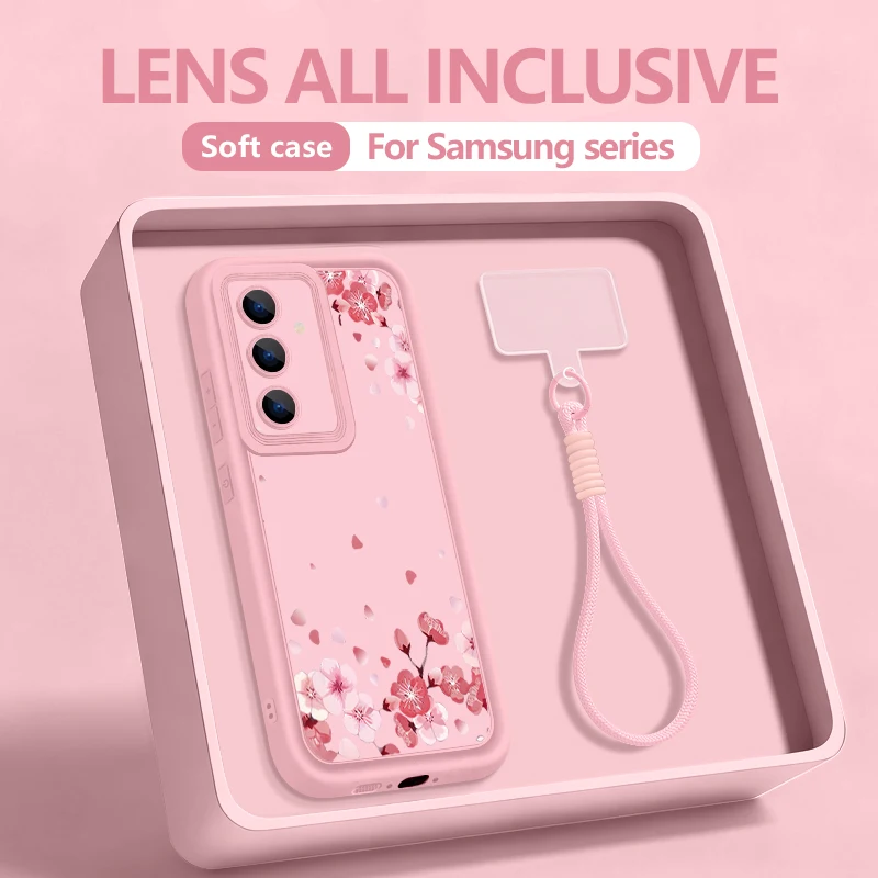 Pink Peach Blossom Pattern Lanyard Phone Case For Samsung Galaxy S25 S24 FE S26 S24 S22 Ultra S23 Plus S25 Edge Soft TPU Cover