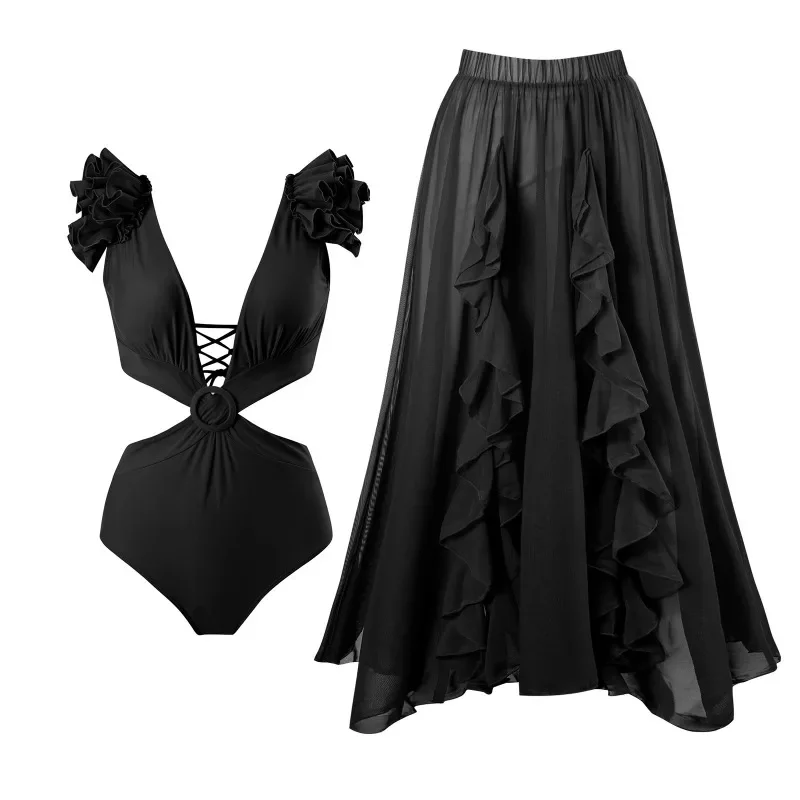 2025 New Fashion One-piece Swimsuit Women's Solid Color European and American Bow Mesh Skirt Swimsuit Set