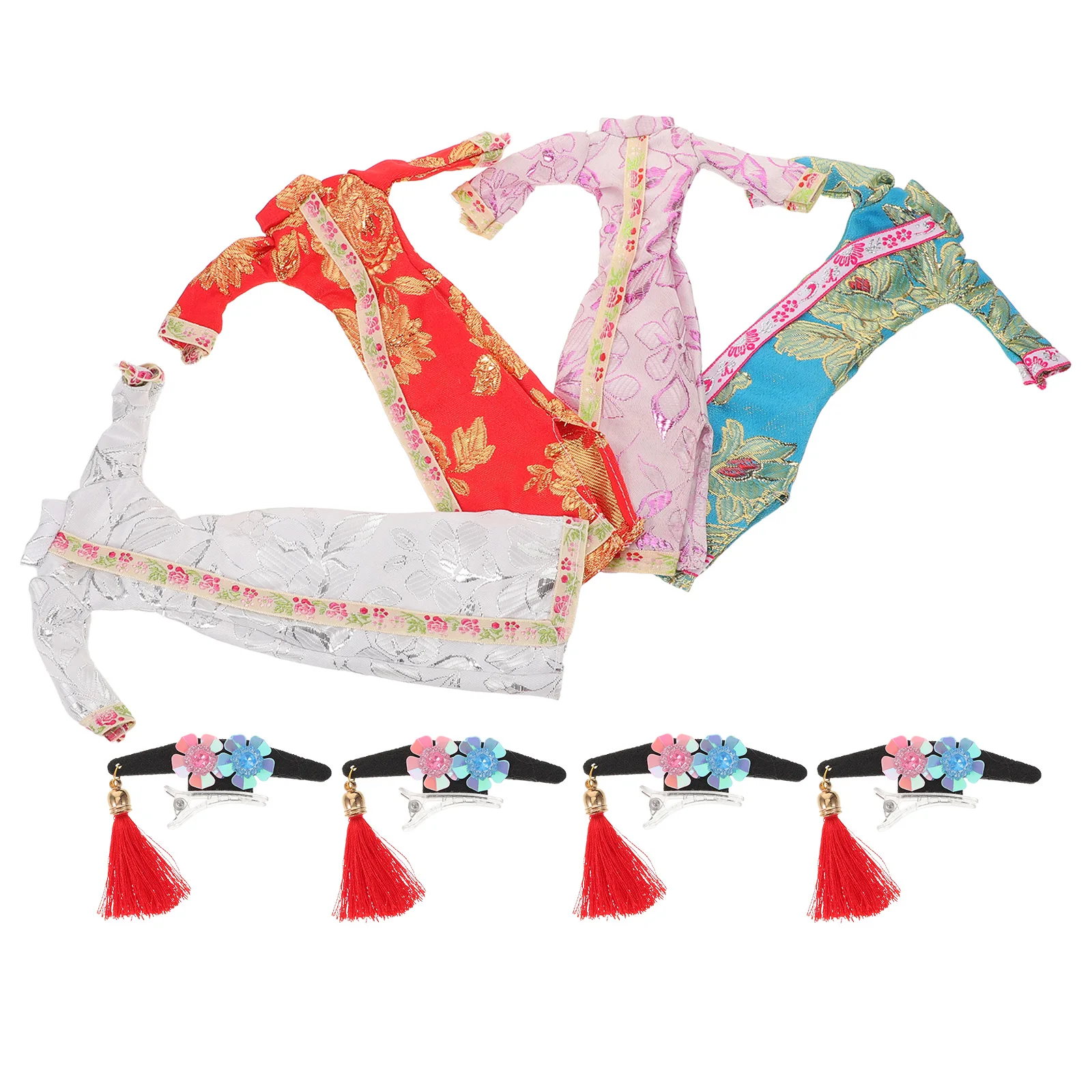 4 zestawy Mini Chińskie Sukienki Ślubne Cheongsam 30 cm Kwiatowy Styl Vintage dla Dziewczynek Strój Kostium na Imprezę dla Dzieci do Odgrywania Ról