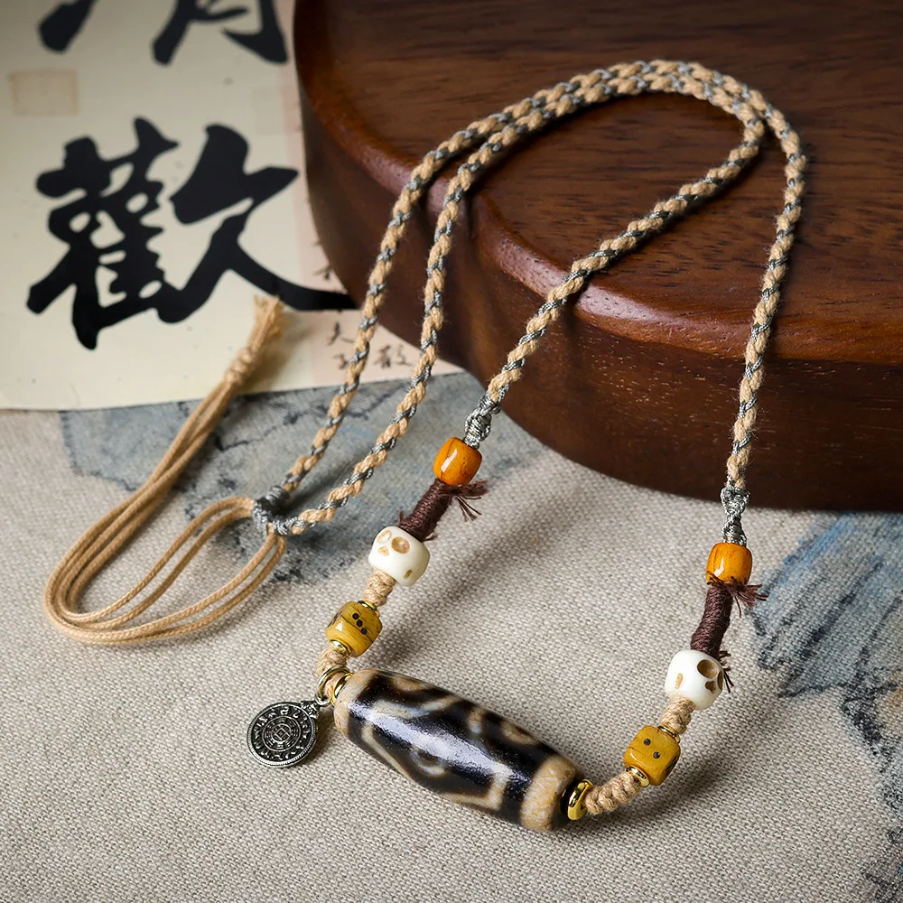 Hand-Woven Tibetan Jewellery Four Eyes Dzi Necklace Cultured Bones Dice Skulls Cotton Rope Sweater Chain long layered necklace