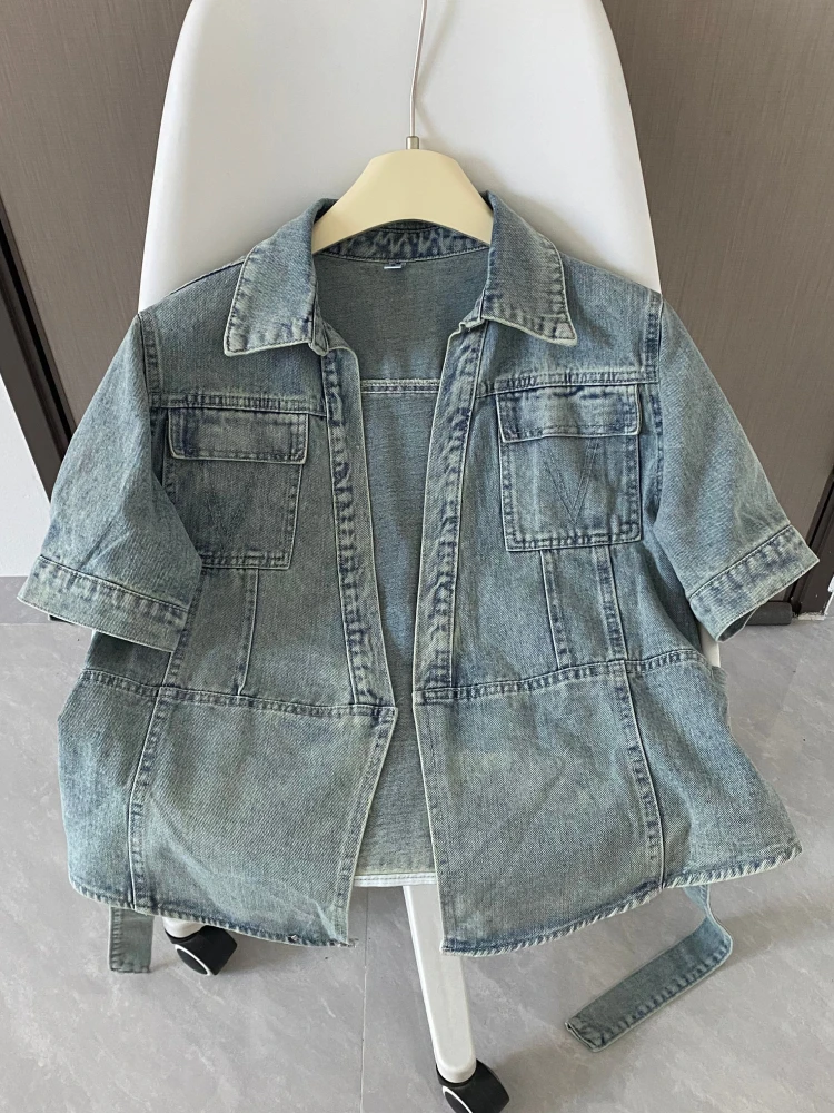 

Летний женский топ Or Sve Denim Jaet в стиле ретро, Гонконгский топ с поясом и воротником, модный дизайн Sense