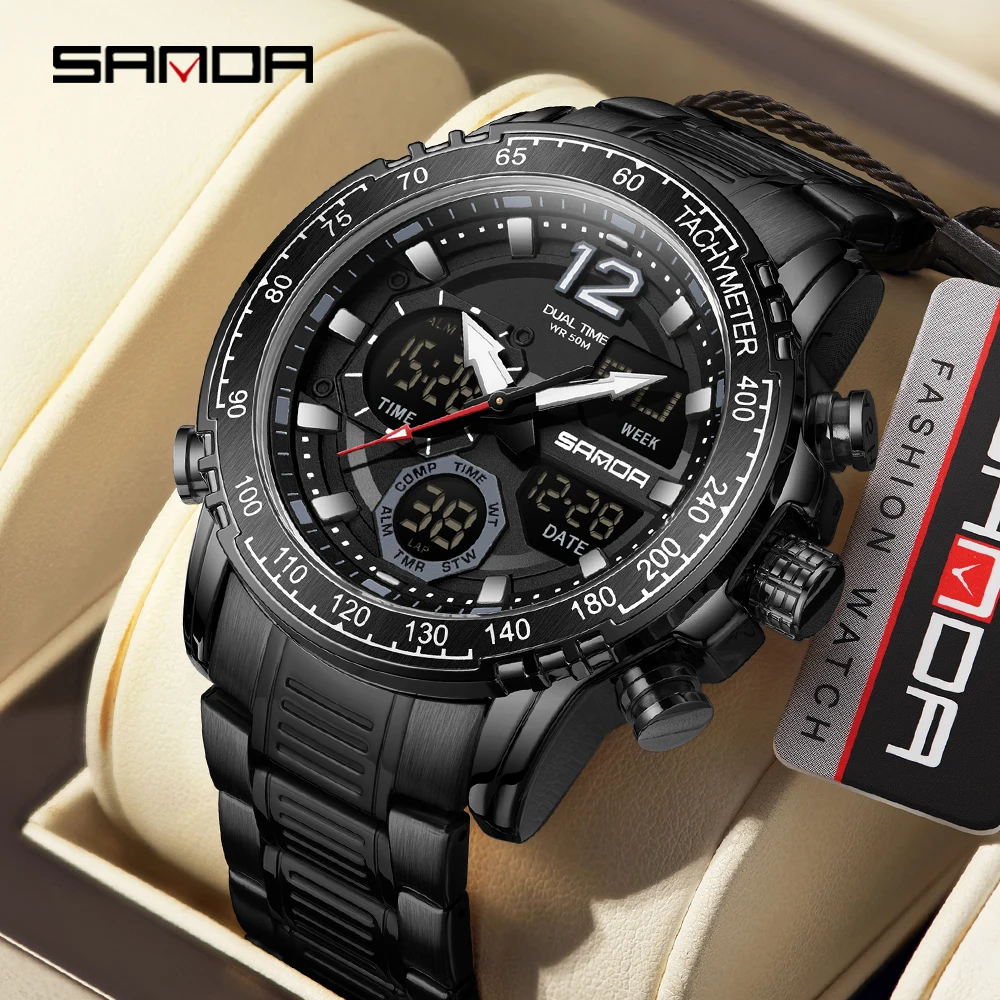 SANDA 6193 G Black Sports Date Military Watches 5bar Waterproof Stainless Steel Electronic Wristwatch Men's Digital Watch
