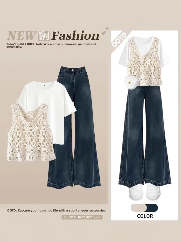 

Summer Fashionable Women's Short Sleeve Base Layer Set High Waist Slimming Jeans Three Piece Suit Casual Streetwear Polyester...