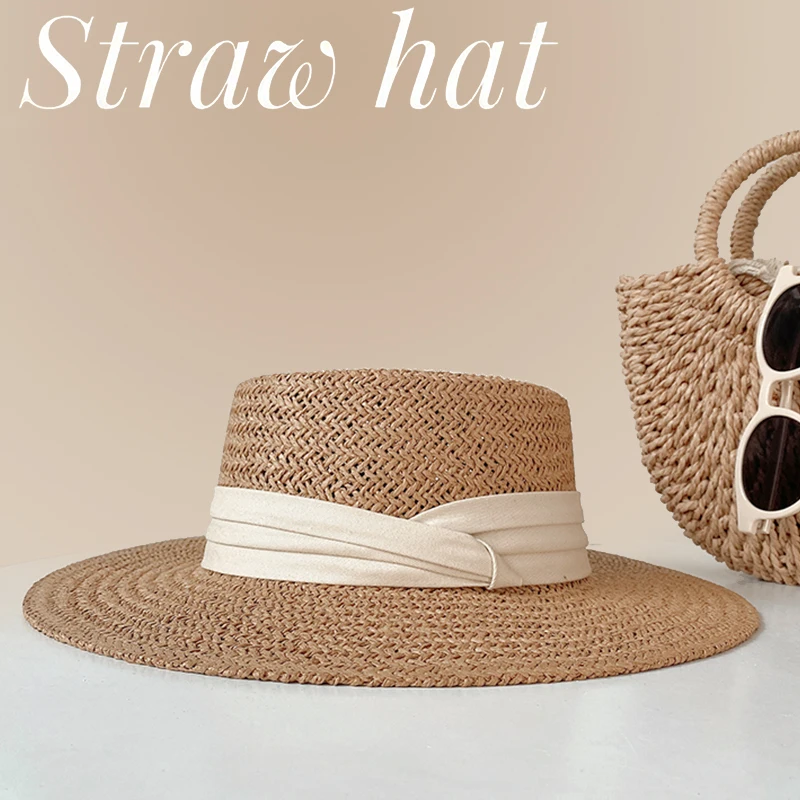 INS French Style Women Summer Sun Beach Flat Straw Hat Kawaii Vacation Panama Straw Woven Small Top Hat White Ribbon Bow Gorras