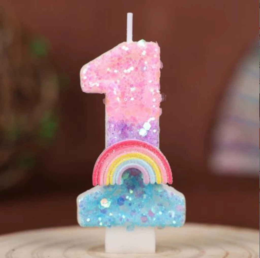 1 STÜCK Geburtstagszahl 0-9 Kerzen Regenbogenthema Geburtstagskerzen für Kuchen Rosa Grüne Ziffer Kerze Kuchendeckel mit Pailletten – Detail 4