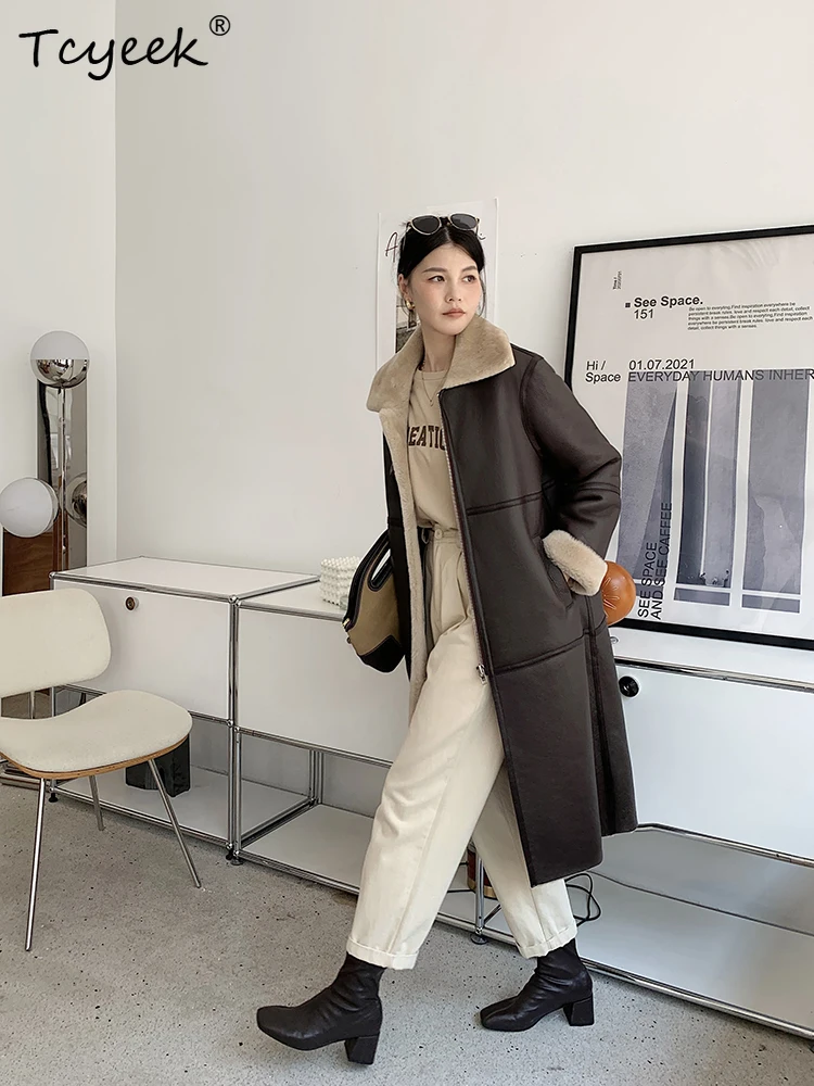 Tcyeek Real Wool Autumn Winter High End Trendy Square Collar Tie Medium Length Women's Wool Shearling Fur Coat Fourrures Femme