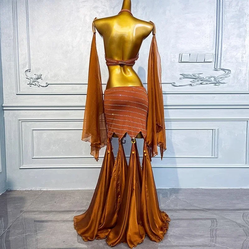 set di gonna lunga con nappa per reggiseno con stampa a caldo in chiffon di cotone romano color caramello da donna