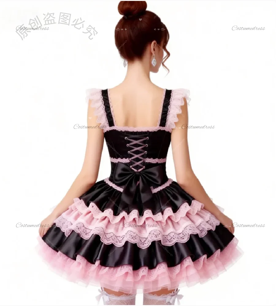 Impresionante traje rosa y negro vestido de noche 2026 tirantes finos una línea Mini vestido de fiesta Cosplay cóctel de encaje escalonado