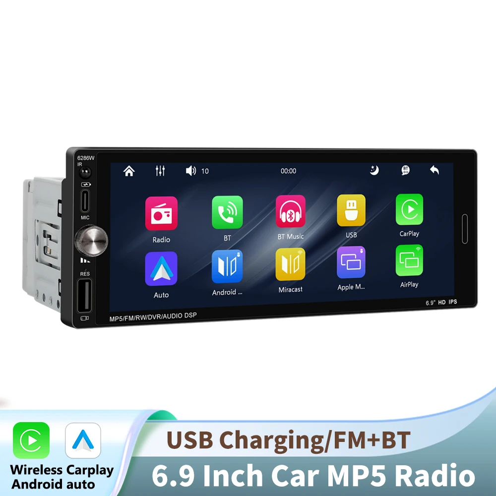 Podofo 6.9" draadloze CarPlay universele MP5-speler USB BT multimediaspeler audio stereo Mirrorlink FM EQ MP5 autoradio AUX