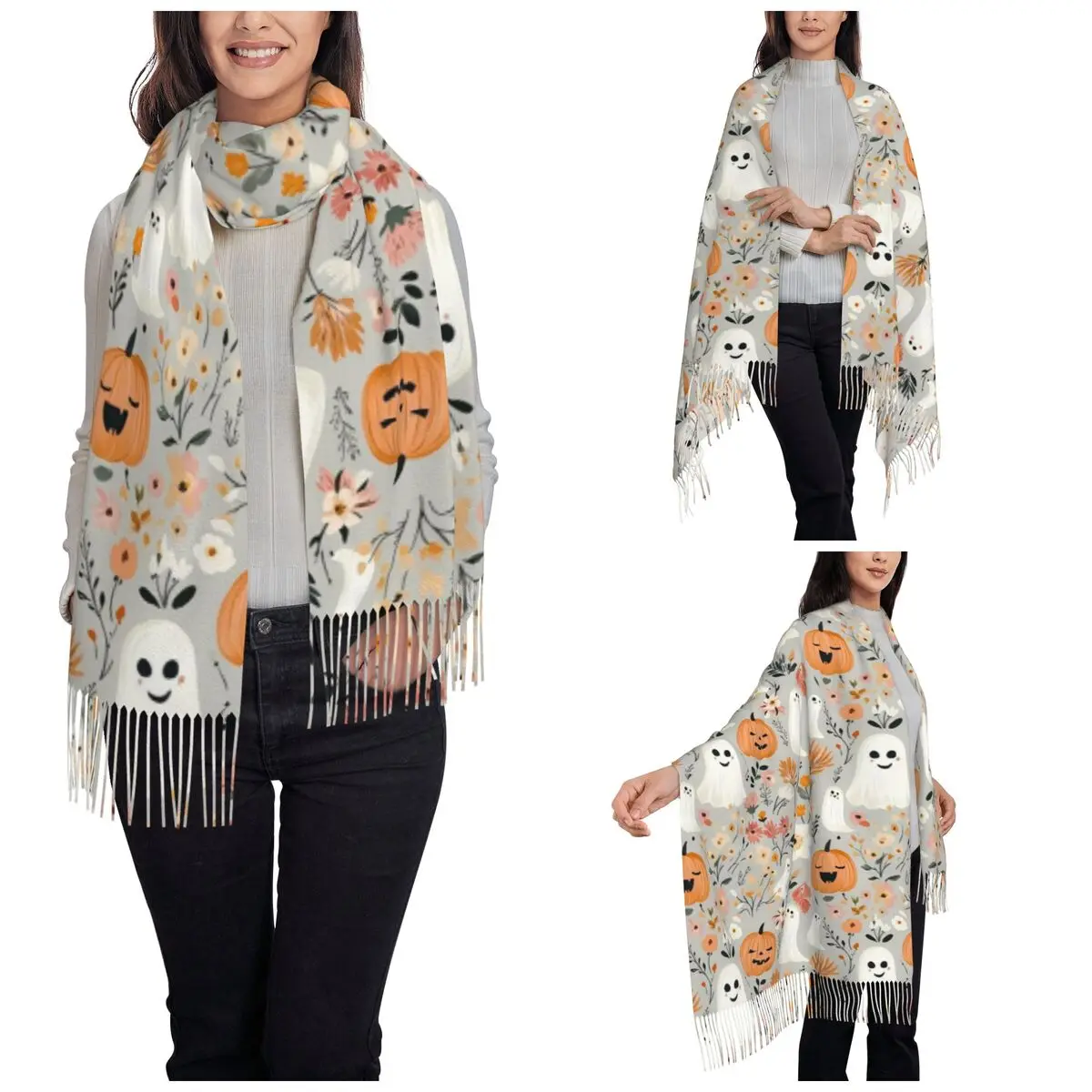 Halloween Ghosts Foral Shawl Wraps for Ladies Winter Single-sided Pattern Scarf Pumpkin Pashmina Shawl Scarves
