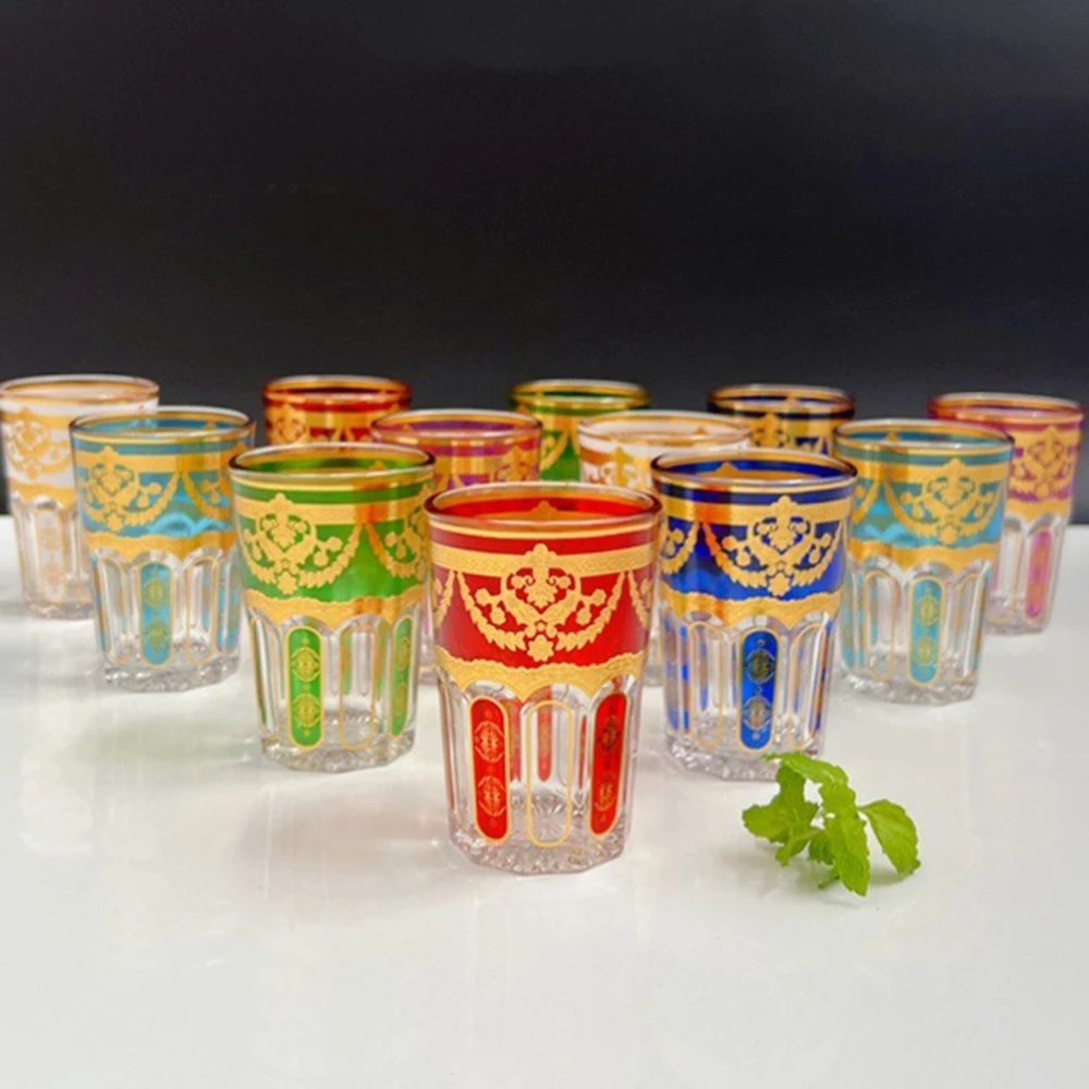 12-Piece Set, Colored Moroccan Tea Cup, Light Luxury Gold Stamping Glass Cup, Arabic Restaurant Tea Mug, Home Glass Water Cup