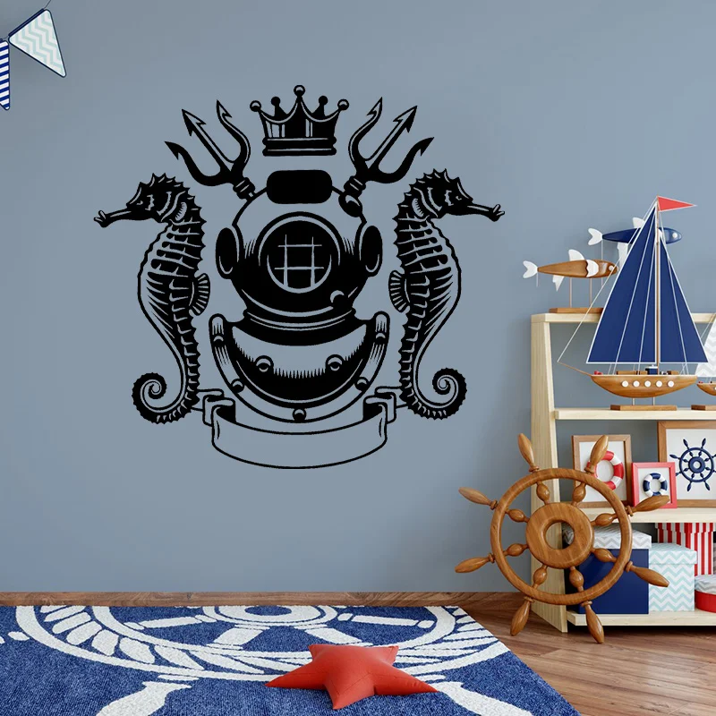 Scuba Diving Vintage Helmet Underwater Wall Stickers Vinyl Nautical Home Decor Kids Room Bedroom Ocean Sea Bathroom Decals AB42