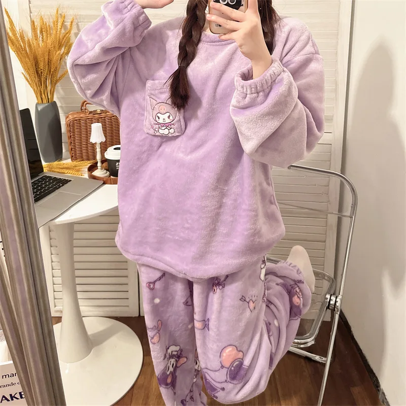 Pijama Sanrio de franela para mujer, figura de dibujos animados, dulce corazón femenino, Otoño Invierno, terciopelo Coral, conjunto de ropa de casa para estudiantes con pantalones