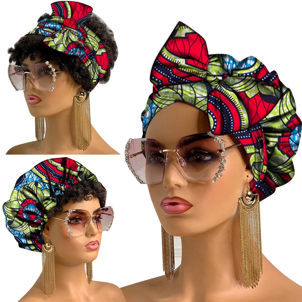 African Turban Cap with Ties African Material Cotton Two Pieces Set Ankara Bonnet and Headwrap Women Hair Accessories Wyb798 - view 5