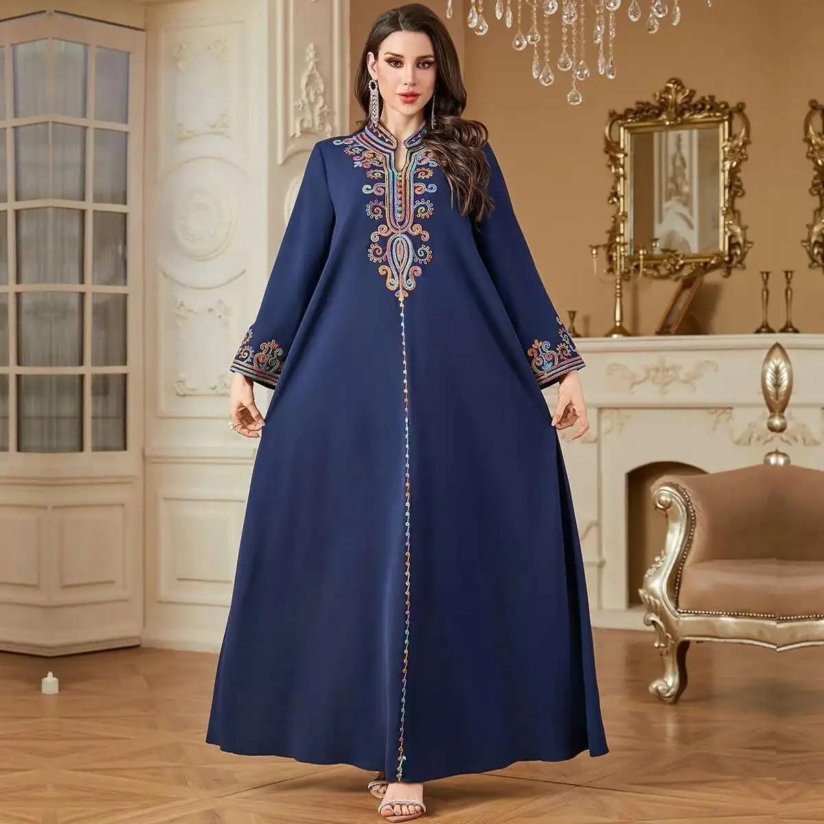 4364 ผู้หญิงมุสลิม Abaya ปักอาหรับ Jalabiya แฟชั่นชุดยาว Robe Abaya Ramadan ดูไบหรูหราอิสลาม Elegant