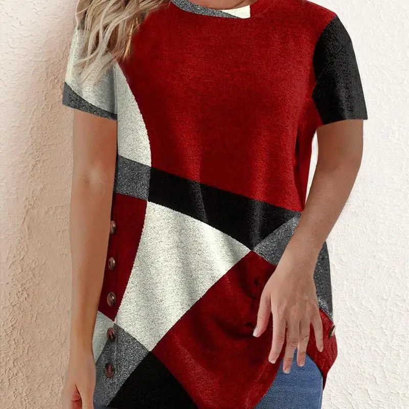 

Осенне-зимняя женская свободная футболка с геометрическим цветным принтом, базовая, с рукавом до локтя