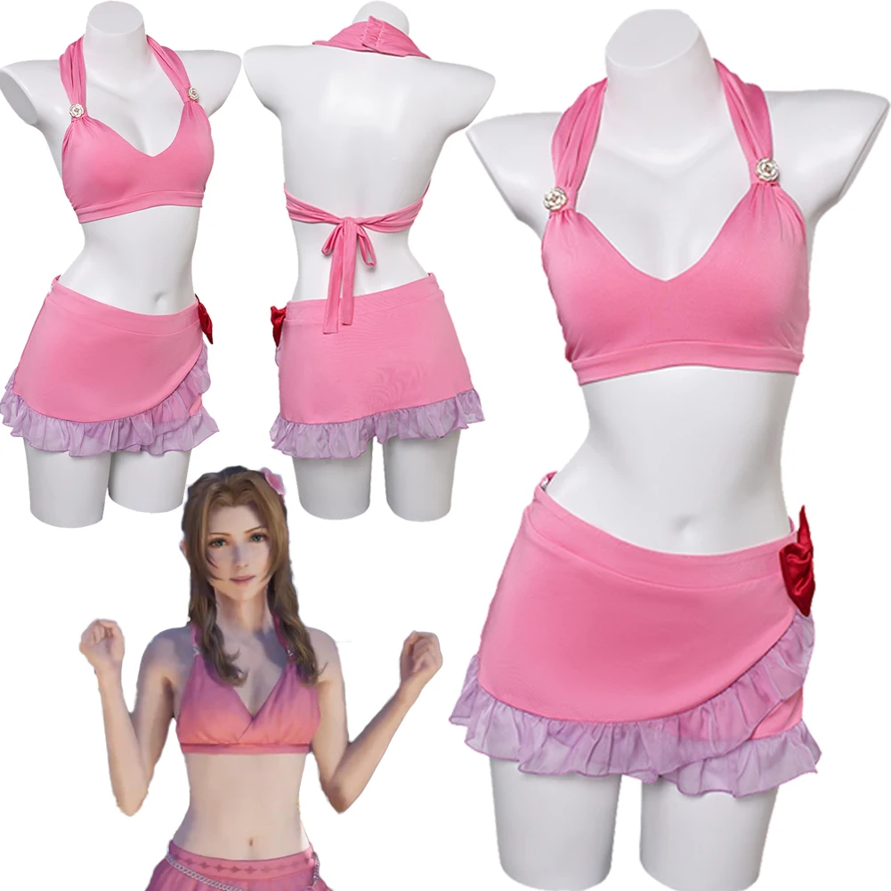 Aerith Badpak Cosplay Ff7 Rebirth Kostuum Anime Game Finale Cosplay Fantasie Badmode Sexy Bikini Zomer Strandpak Kostuum