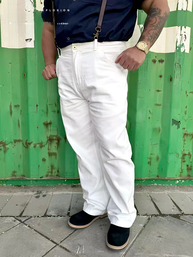 Nuclear Explosion Large Size Men's Straight Leg Jeans White Denim Versatile All Seasons Casual Comfortable Breathable Wear
