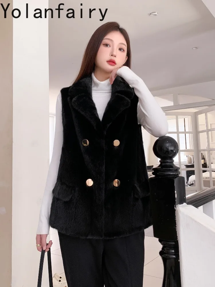 YOLANFAIRY Naturalny Płaszcz z Futra Damski Luksusowy Zimowy 2025 Bezrękawnik z Prawdziwego Futra Norki Kamizelka z Futra dla Kobiet Czarna Kurtka Futrzana