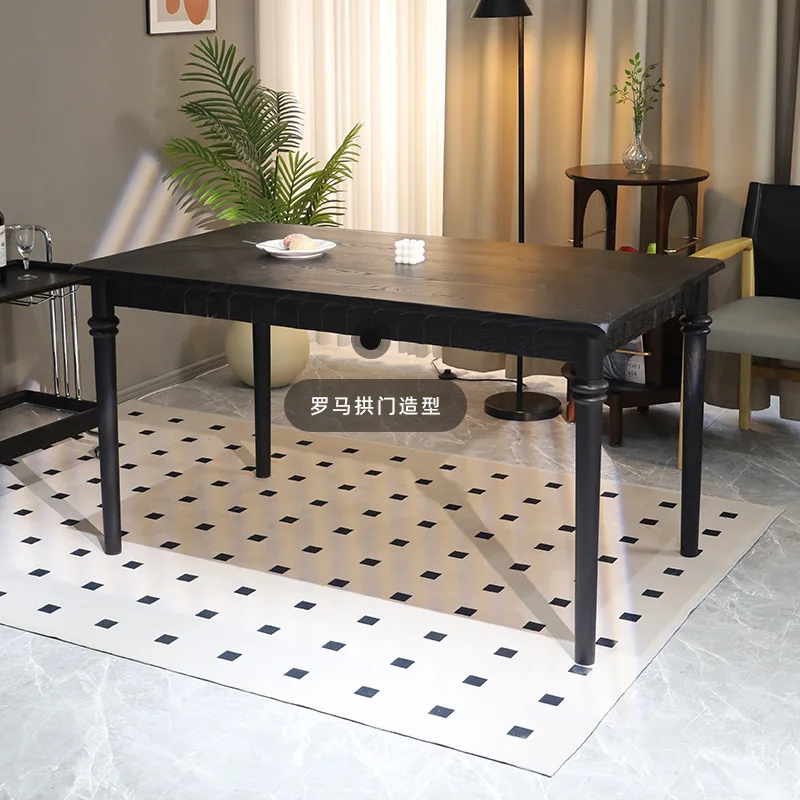 Small apartment black solid wood dining table French retro simple household ash wood table rectangular