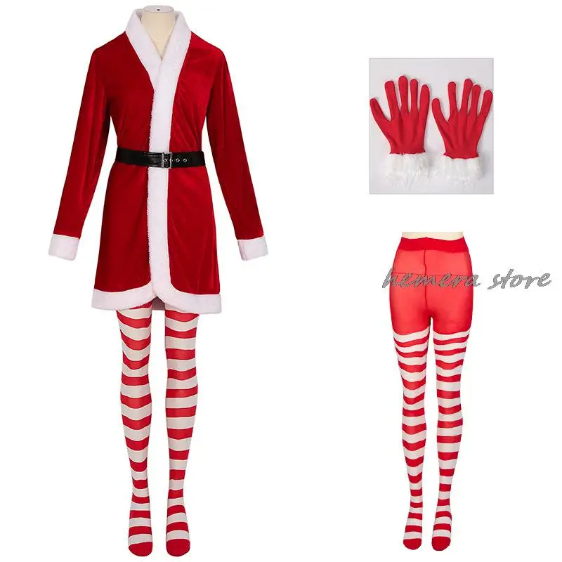 

Christmas Party Adult Women Cosplay Santa Claus Costume Velvet Sexy Red X-Mas Elf Dress Female Christmas Outfit With Stocking