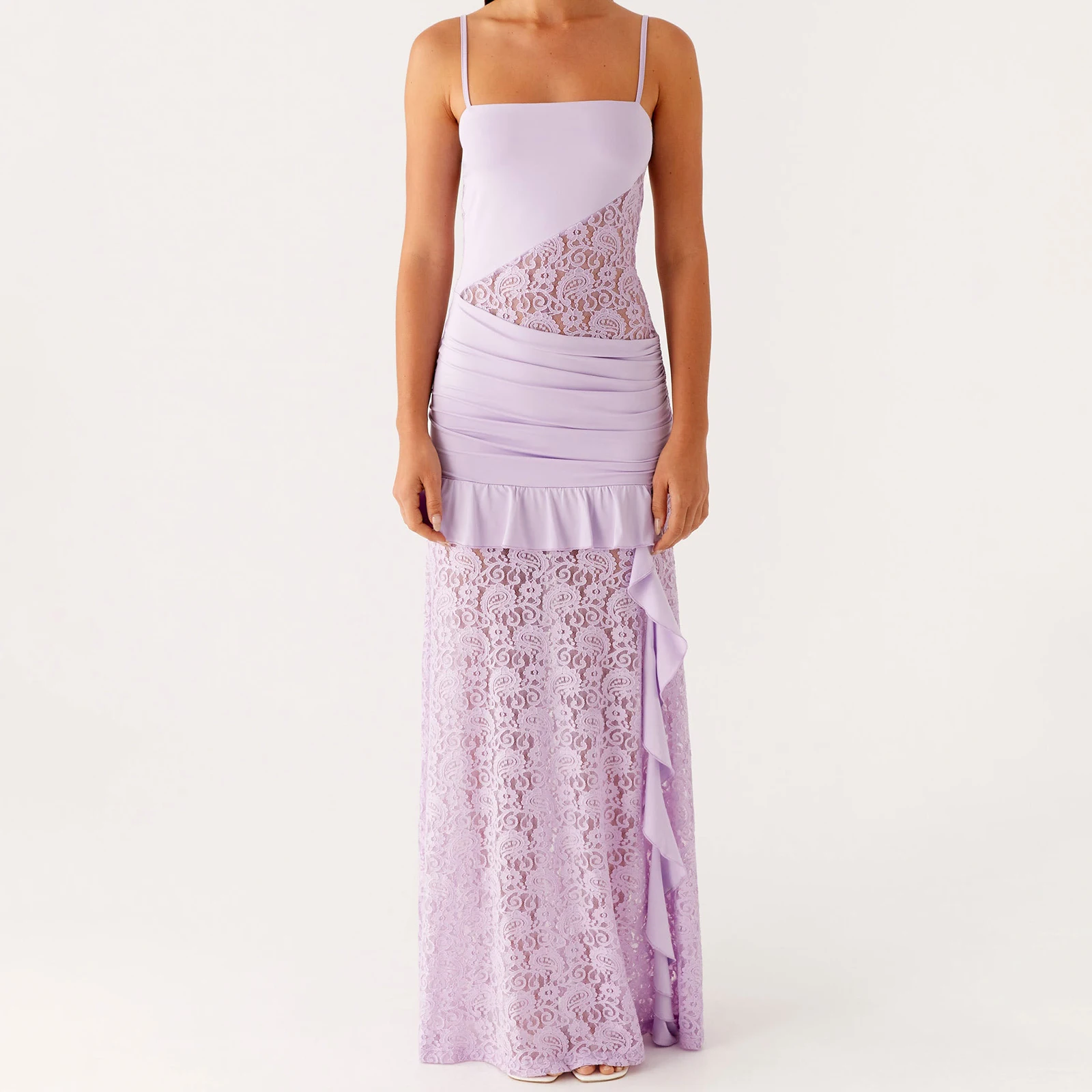 คุณภาพพรีเมี่ยมหรูหราVestidos 2025 ผู้หญิงยาวSlim Camiชุดแขนกุดไม่สม่ําเสมอRuffle Trimลูกไม้Patchworkชุด