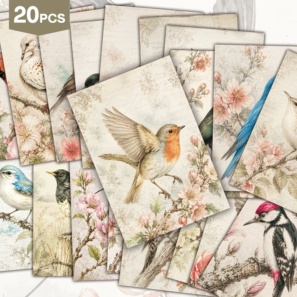 20PCS Retro Wild Flower and Bird Postcards, Plant and Bird Art, Used for Retro Account Collage, Spring Party