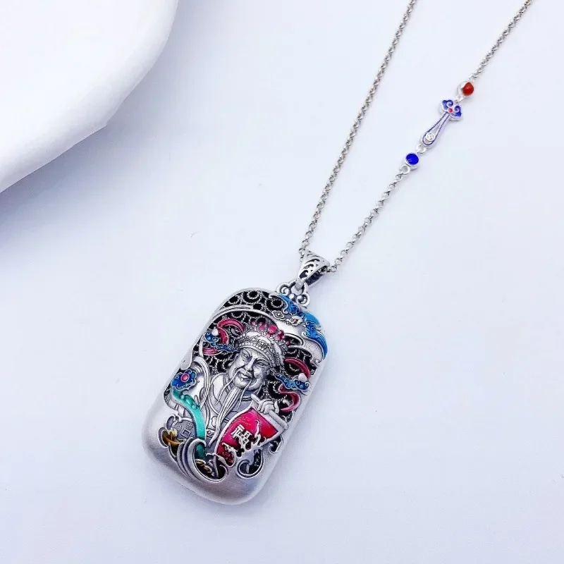 Classic Colorful God of Wealth Pendant Chinese Style Silver 990 Enamel Hollow Out Necklace Double Sided Jewelry