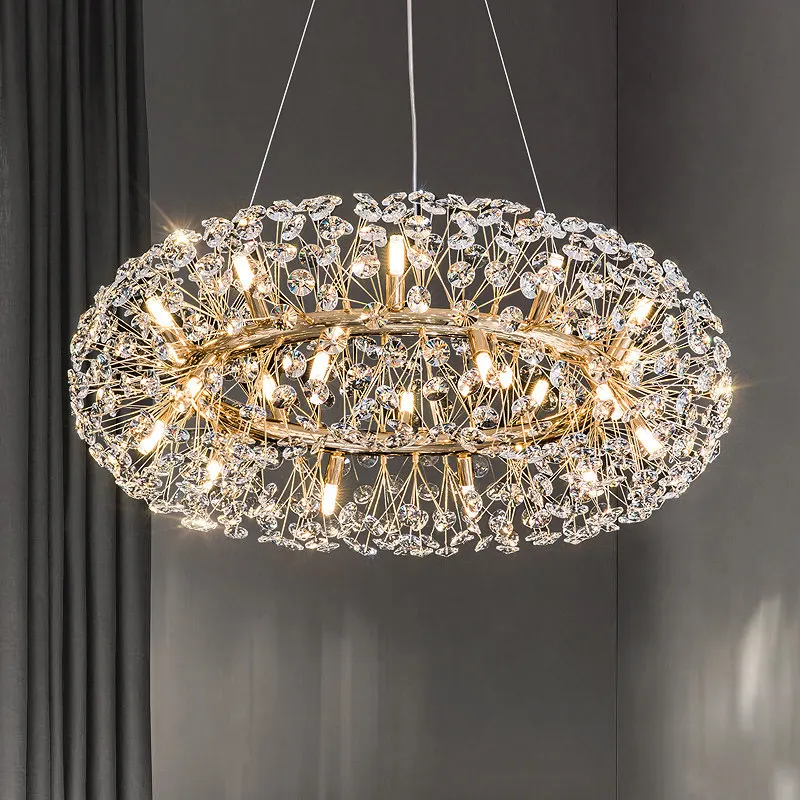 Modern K9 Crystal Hanging Chandelier Gold Luxury Living Dining Room Lustre Circular LED Hanging Lamp Indoor Lighting Decoration
