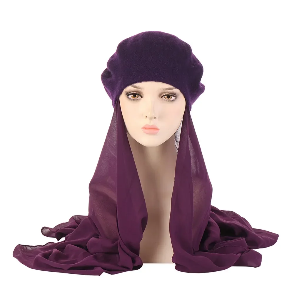 New Muslim Fashion Women Hijab with Beret Hat Chiffon Scarf Ready To Wear Instant Headscarf Shawls Wrap Turban Headwear Bandana