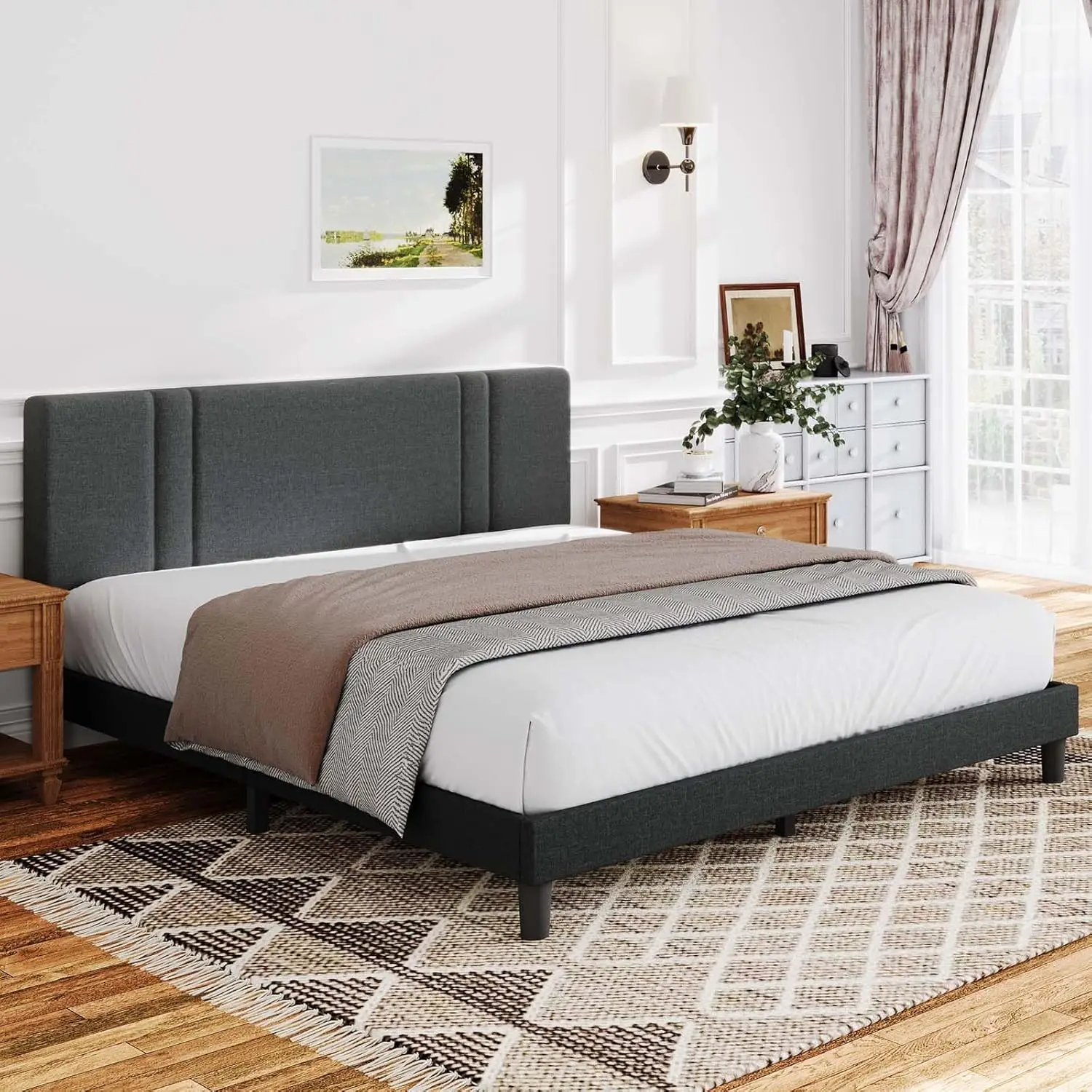 Novilla Queen Bed Frame With Headboard, Queen Size Bed Frame With Adjustable Headboard, Linen Upholstered Bed Frame Queen Size,