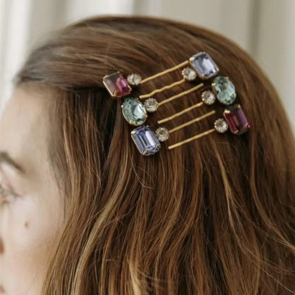 Luxury Crystal Square Gemstone Braided Hairpins Barrettes Hair Jewelry for Women Shiny Rhinestone Geometric Hair Clips Headwear