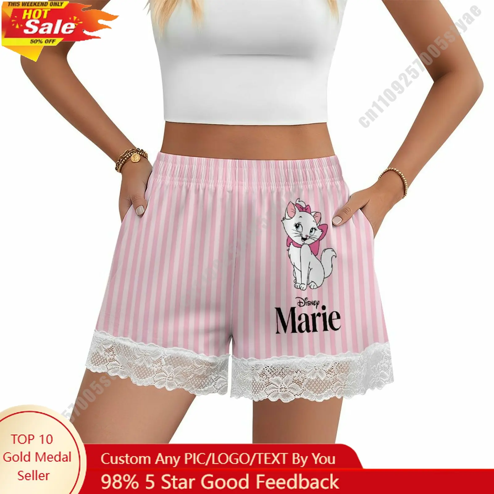 

Marie Short Pajama Pants Disney Cartoon Women Summer Lace Trim Thin Panties Custom Loose Home Casual Shorts