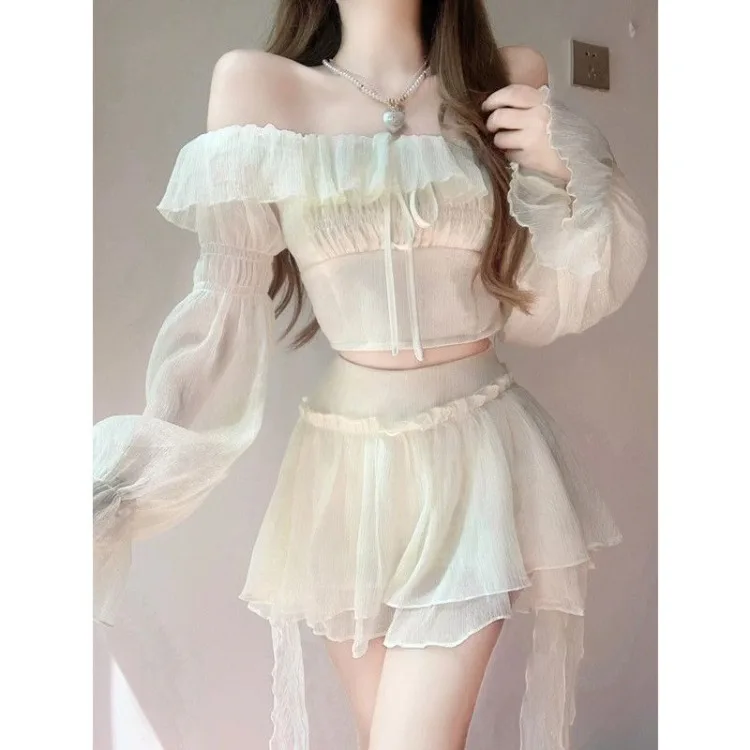 Sweet Sexy Ruffles Slash Neck Slim Fit Long Sleeve Tops Women+ Y2k High Waist Mesh Skirts 2024 Summer New Two Piece Sets