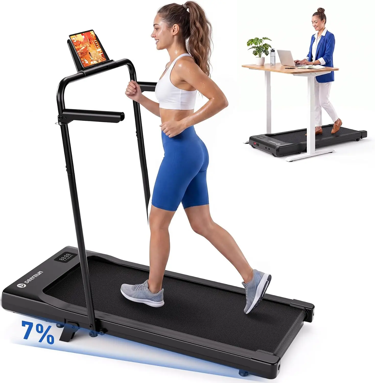Treadmill Walking Pad Featuring Built-In Incline and Handle Bar