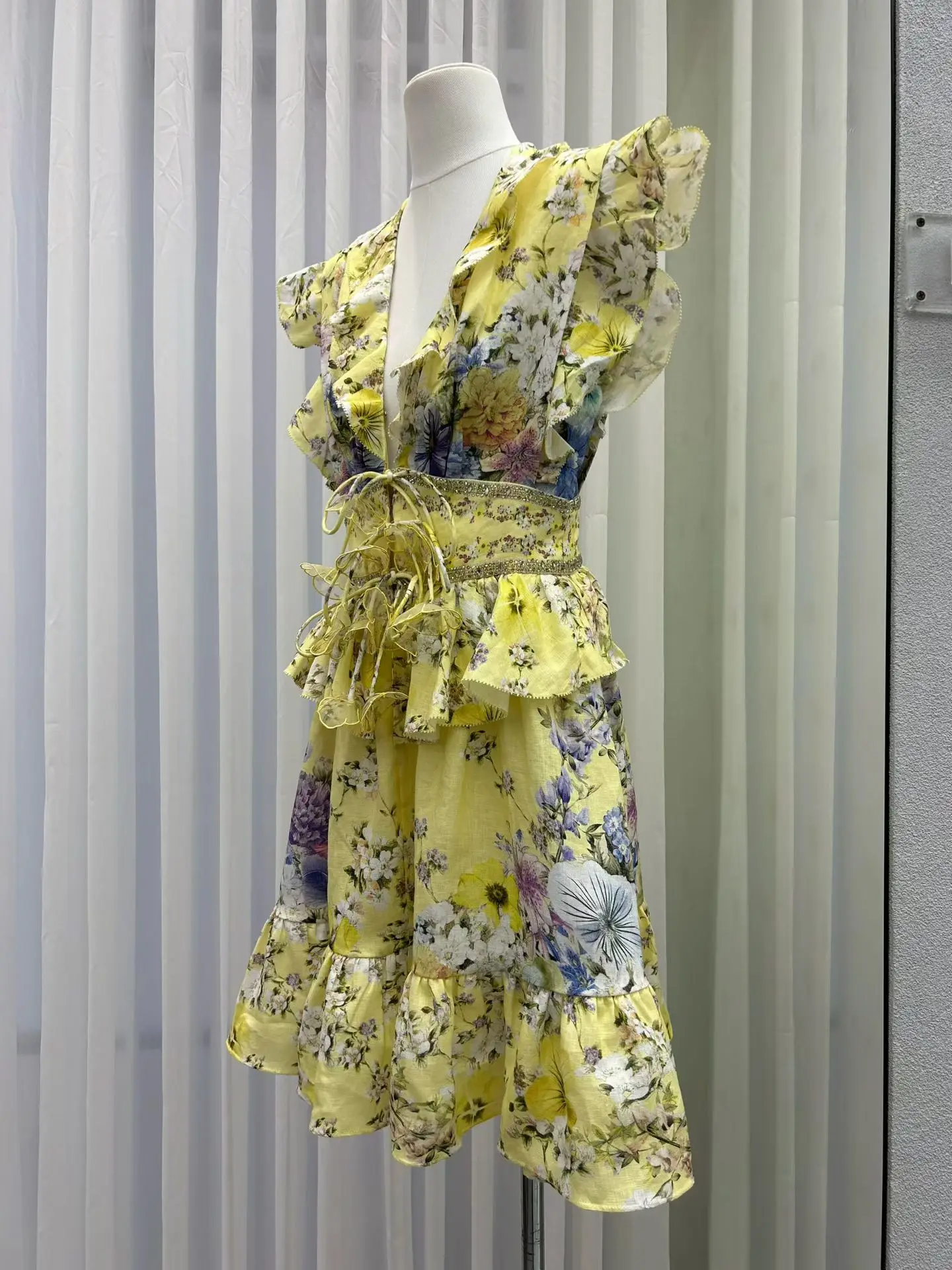 زهرة طباعة المرأة سترة صفراء فستان كريستال مطرز الخامس الرقبة تحلق كم عالية الخصر عطلة السيدات 100% الكتان رداء صغير #4