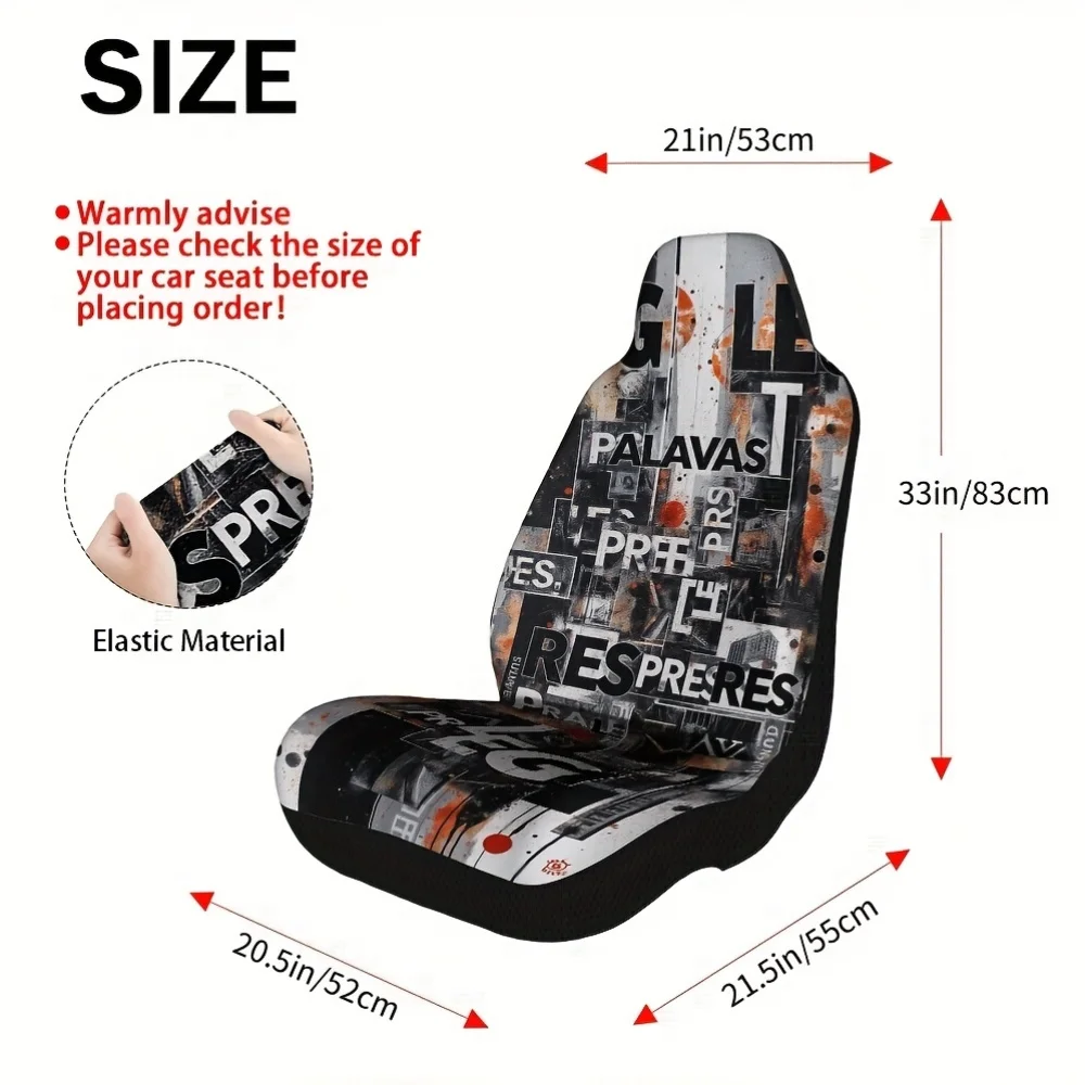 2pcs Urban Grunge Collage Car Seat Covers - Lightweight Washable Fabric, & Geometric Pattern With Lettering, Fit For All Vehicle