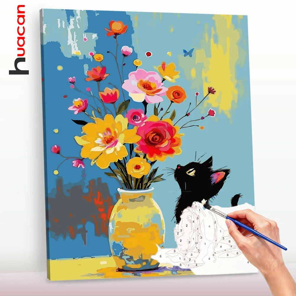Huacan DIY Tiermalerei nach Zahlen Set, Katze in Blumenvase, Malen nach Zahlen für Erwachsene auf Leinwand, Wanddekoration für Zuhause ﻿ ﻿ ﻿
