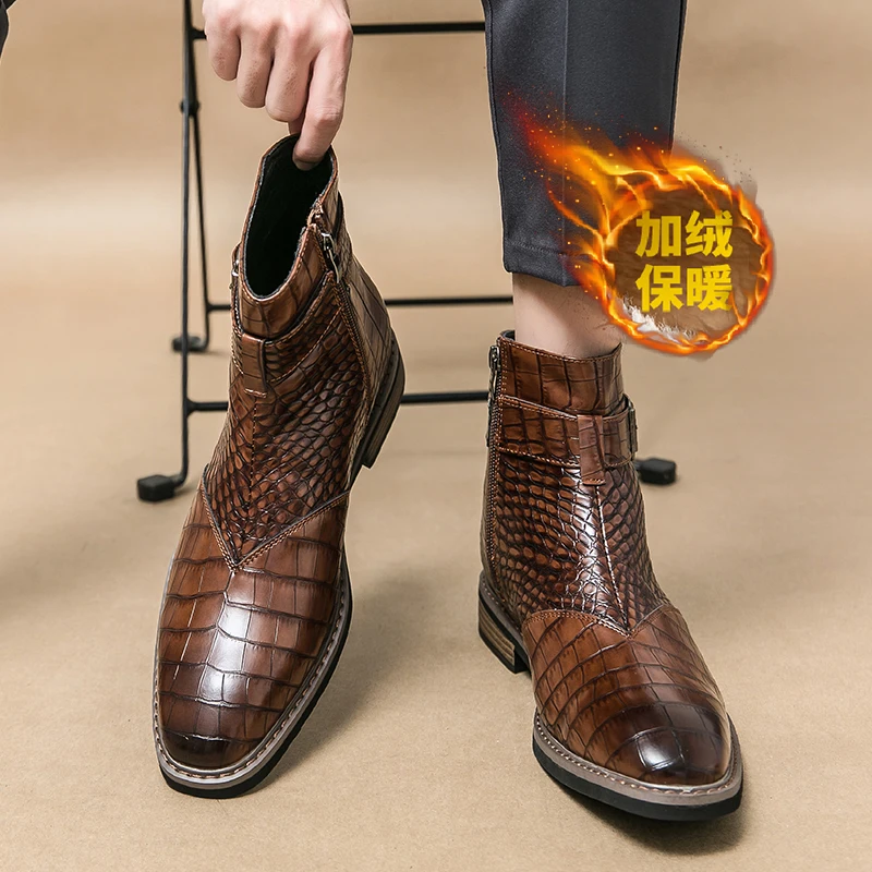 

High Quality Pointed Comfortable Banquet Men's Boots Brand Fashionable Men's Side Zipper Snake Skin Pattern High Top Short Boots