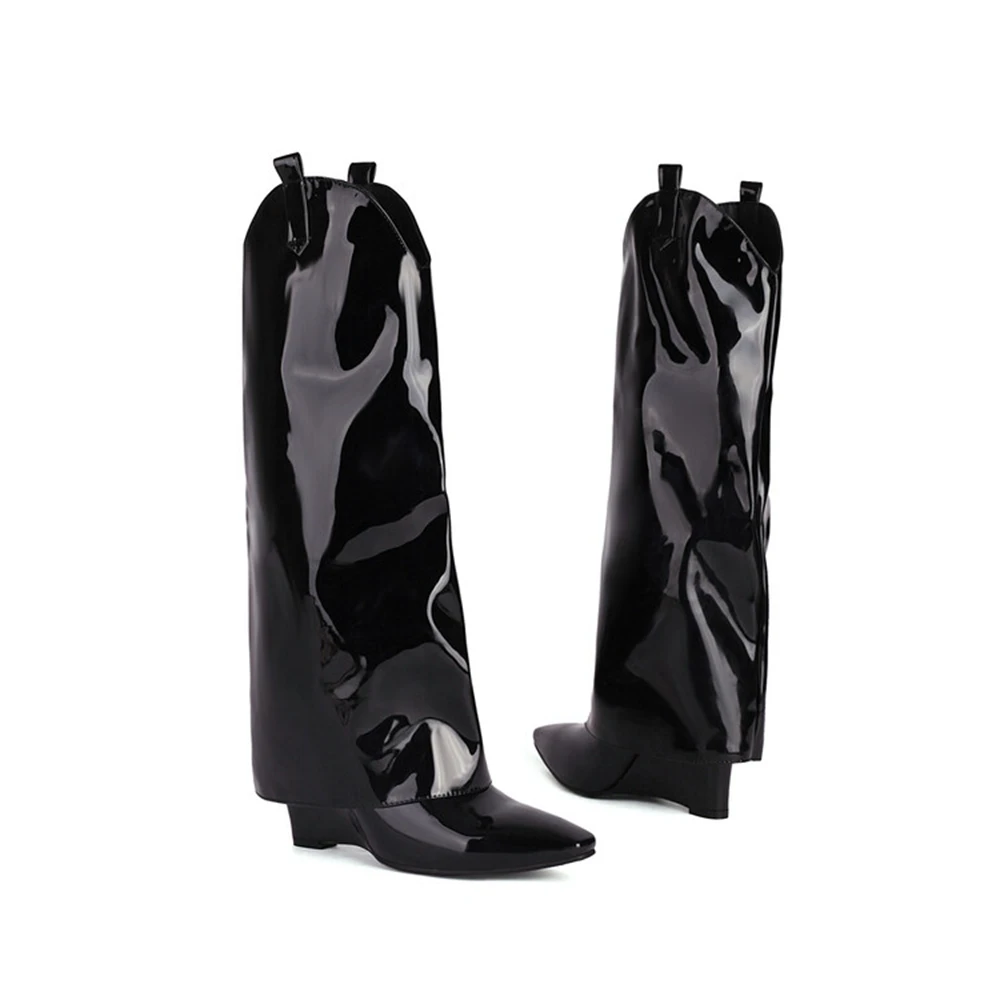 

Botas De Mujer Knee High Boots Women Fashion Sexy Wedges Pointed Toe Retro Black Red Knight Boots Big Size 44 45 61-2