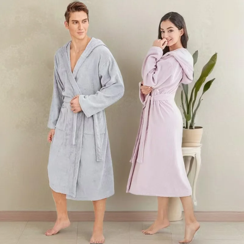 Solid Color Hooded Kimono Shower Robe for Men Autumn Winter Warm Shower Bathrobe Gown Soft Home Clothes with Pocket Nightgown