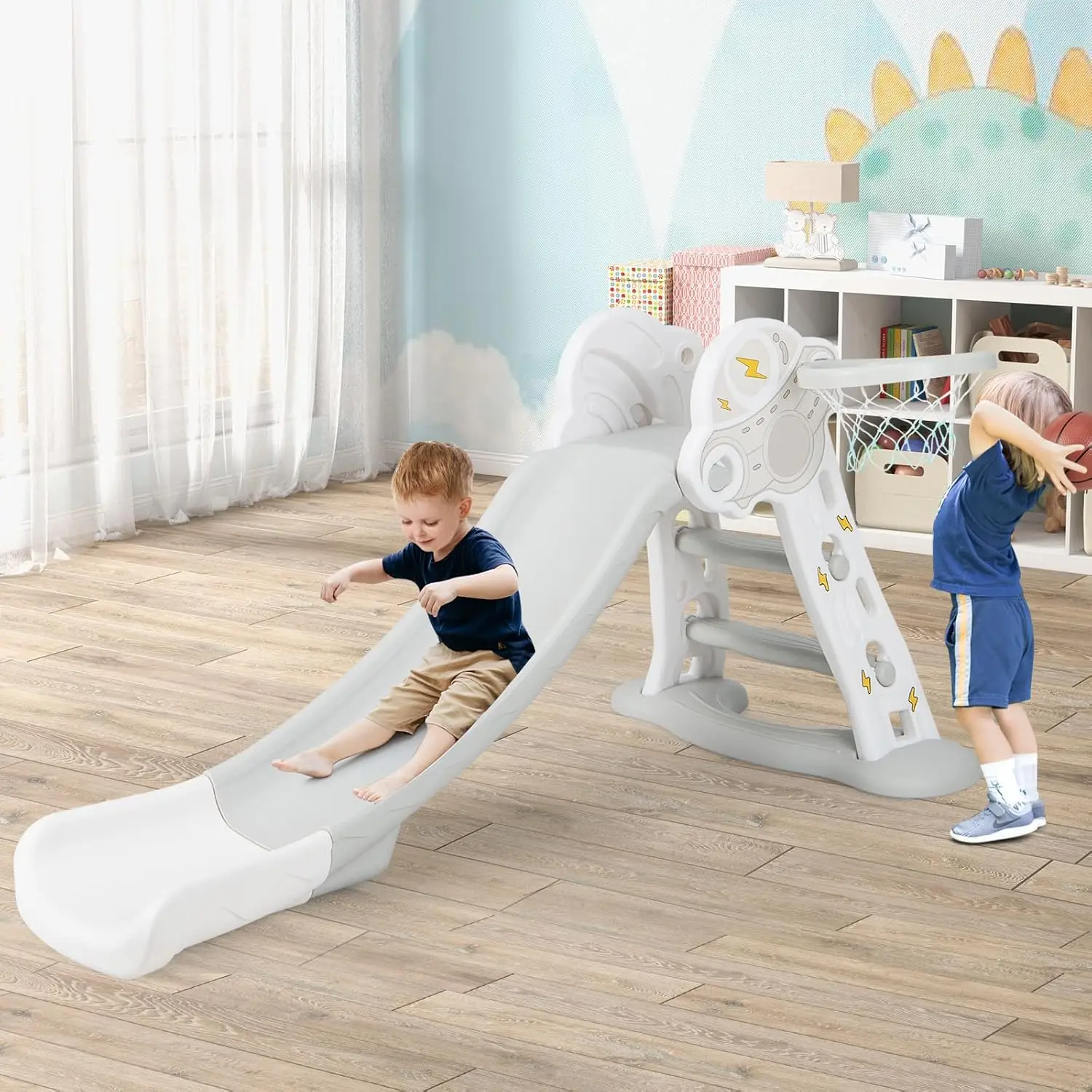 Scivolo per bambini, scivolo per bambini pieghevole 3 in 1, scivolo per interni con canestro da basket, set da gioco indipendente per scalatore esterno, extra lungo