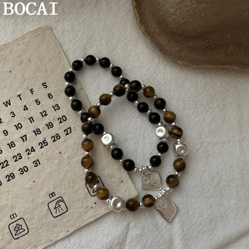 

BOCAI NEW S925 Sterling Silver Simple And Stylish Tiger Eye Bead Bracelet