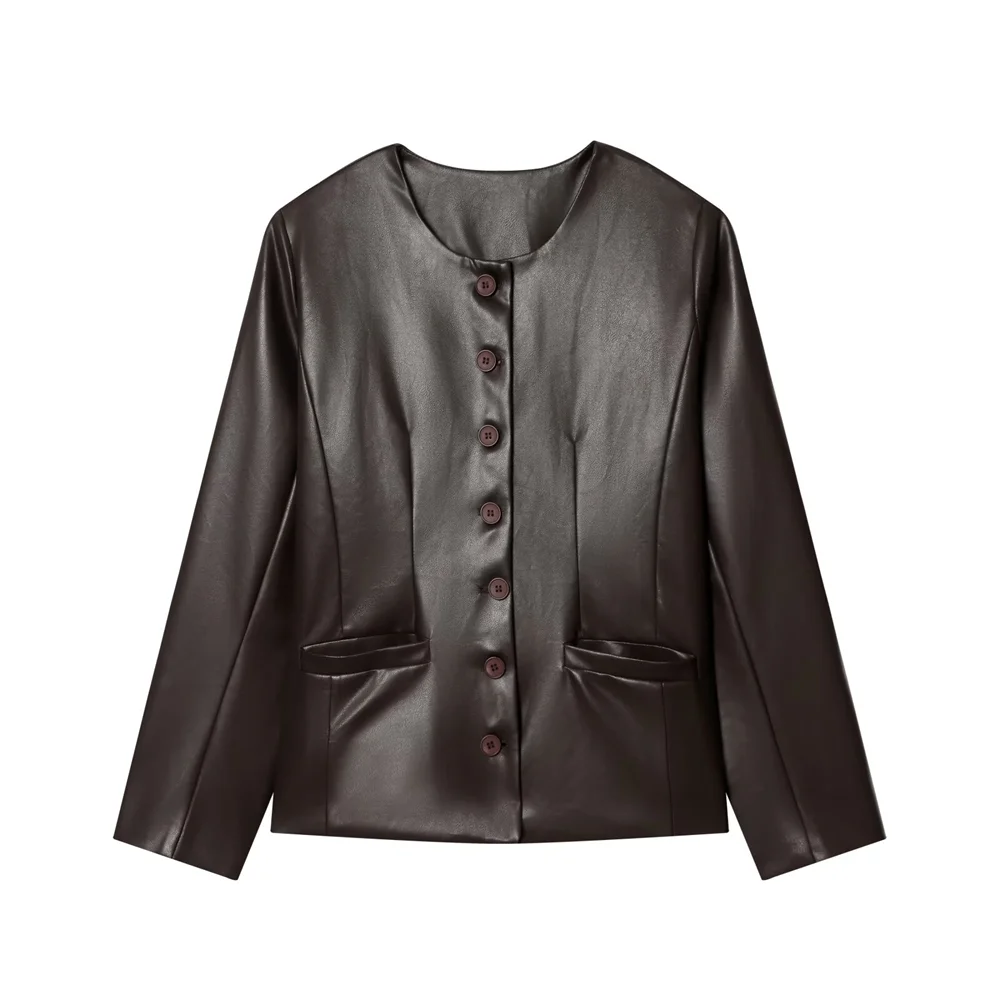 

Новая женская куртка 2026 года в стиле ретро, универсальная, свободного кроя, из кожи, на одной пуговице, с круглым вырезом и длинными рукавами