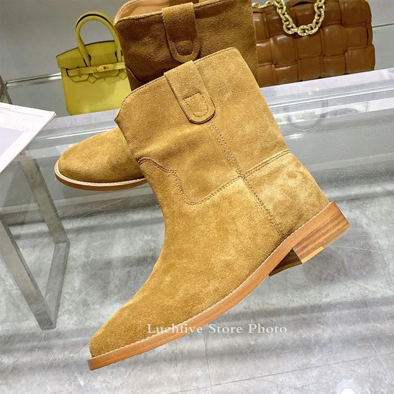 Winter Classic Chelsea Boots for Woman Real Suede Round toe Wedges heel Ankle Boots Simple Comfortable Cowboy Boots female