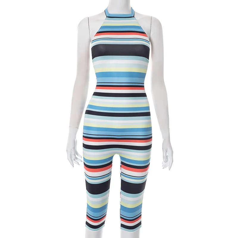 Colorful Striped Lace Up Halter Backless Knee Length Jumpsuits Women Sexy Sleeveless Ruched Skinny Fitness Street Rompers Overll