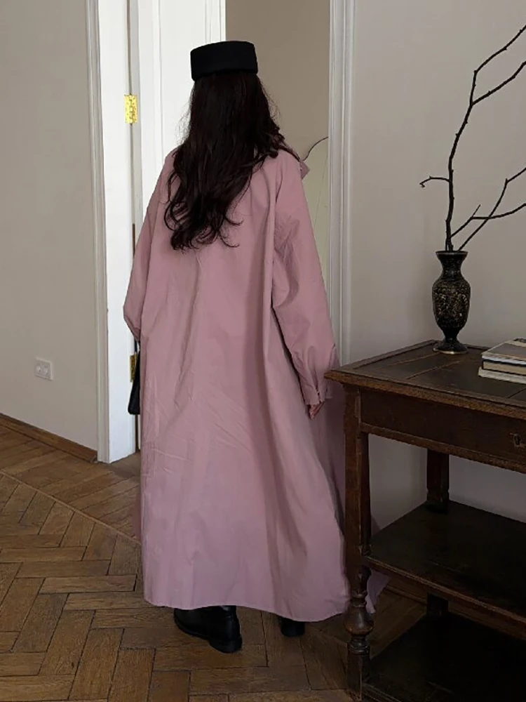 Casual Stand Collar Women Long Trench Coat Single-breasted Lantern Sleeves Pink Windbreaker Jacket Spring Fall Fashion Overcoat view 5