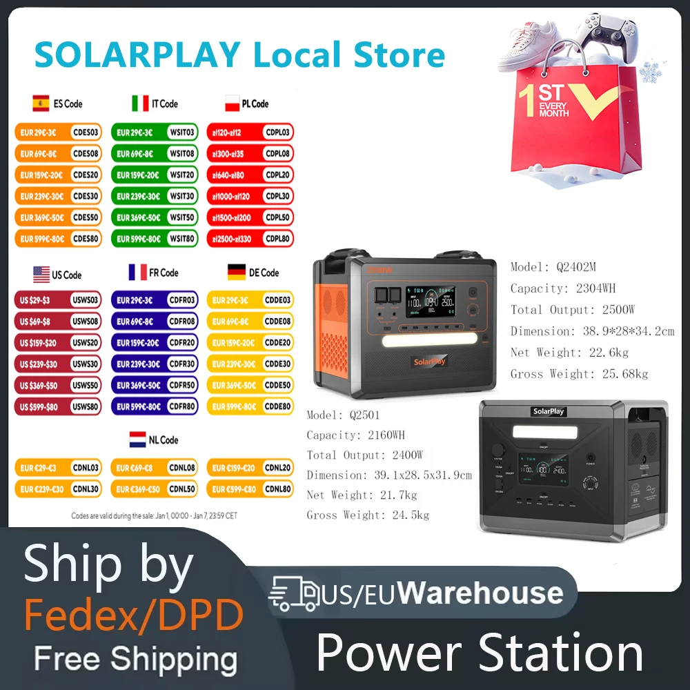 SOLARPLAY Q2501 Q2402M Portable Power Station 2160WH 2304WH LiFePO4 Battery with 2400W/2500W (4800W Peak) Solar Generator