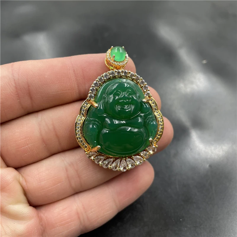 Inlaid Chalcedony Big Belly Pendant Women, Medium to Large Size, Green Agate Maitreya Buddha