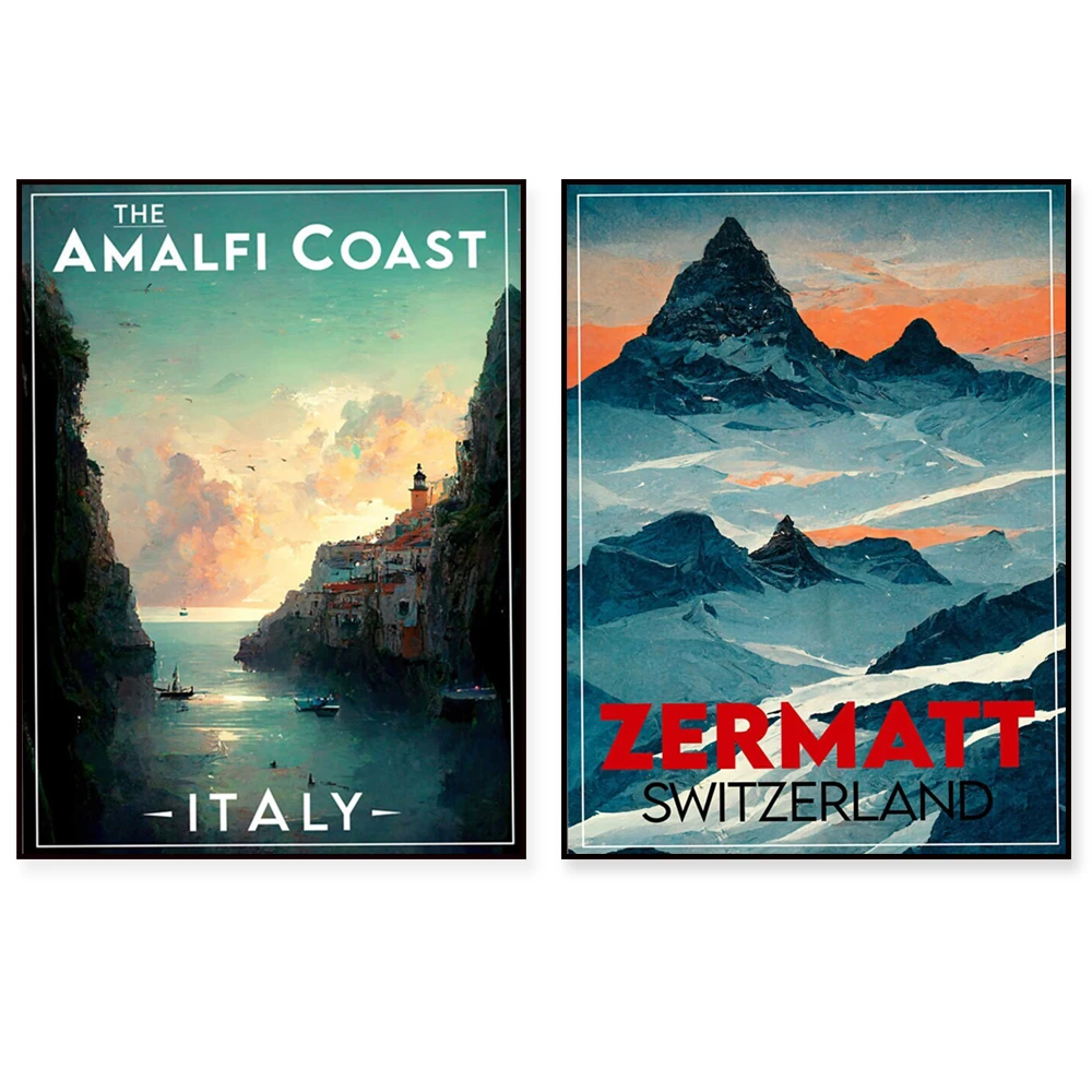 Courchevel, France, visit Pompeii, Tuscany, Florence, Lake Garda, Zermatt, Swiss ski resorts, Italy travel adventure poster